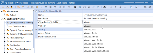 Screenshot of the OneStream Windows client application interface with the 'Client/Device Visibility' dropdown menu open, and 'WinApp' being selected to manage settings.